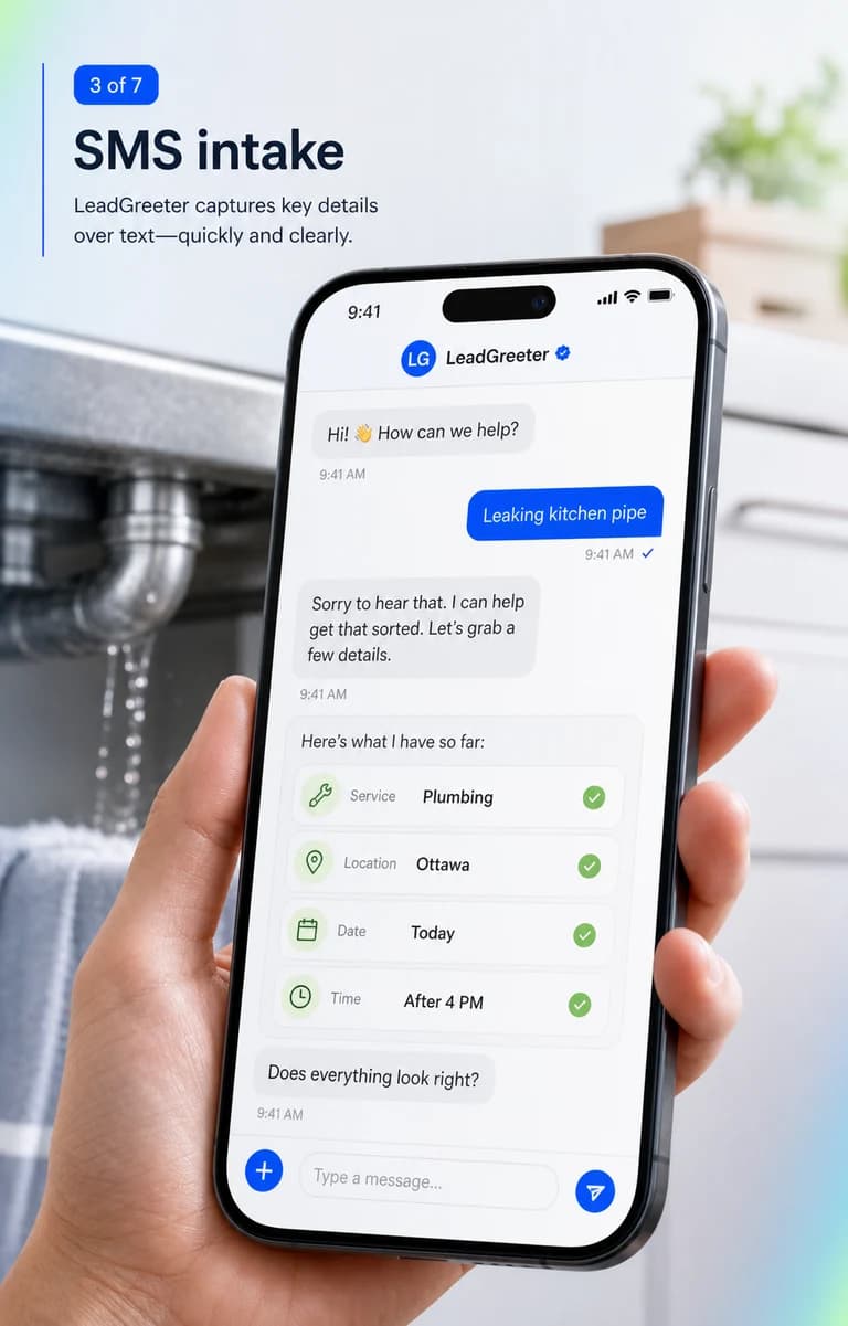 LeadGreeter SMS intake captures plumbing, location, urgency, and callback details