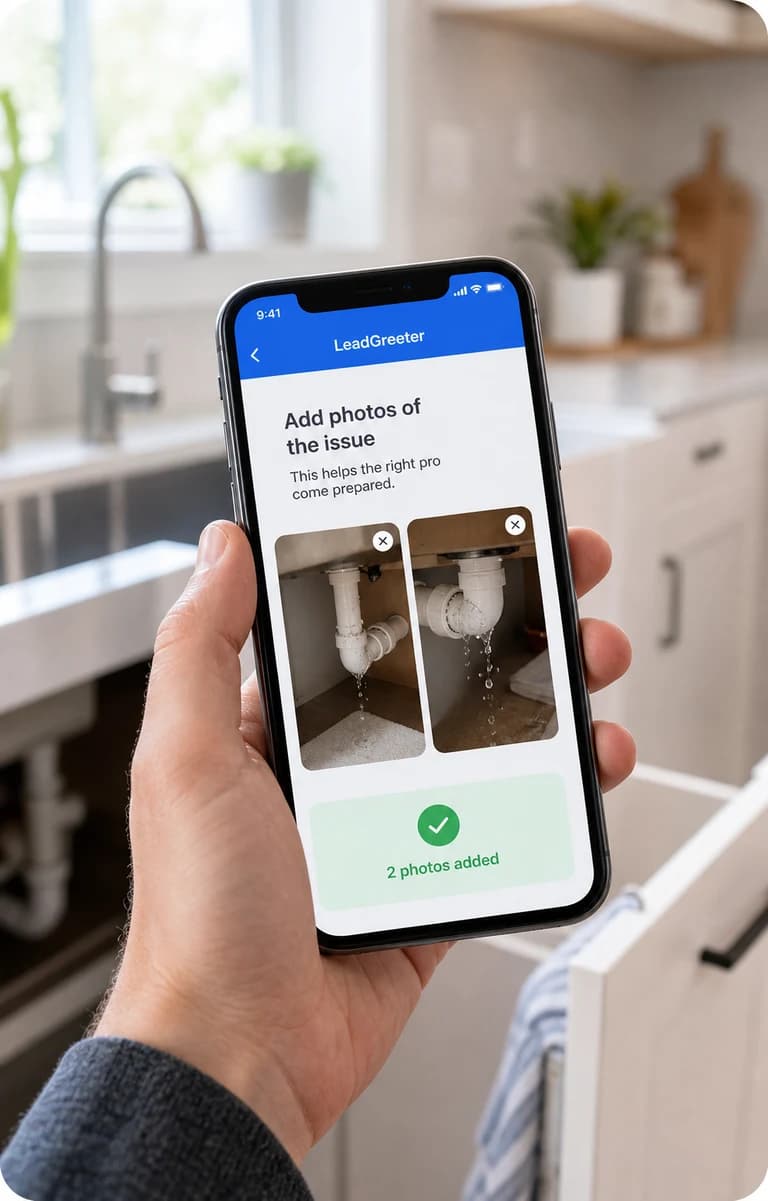 A homeowner adds two photos of a leaking kitchen pipe to the lead