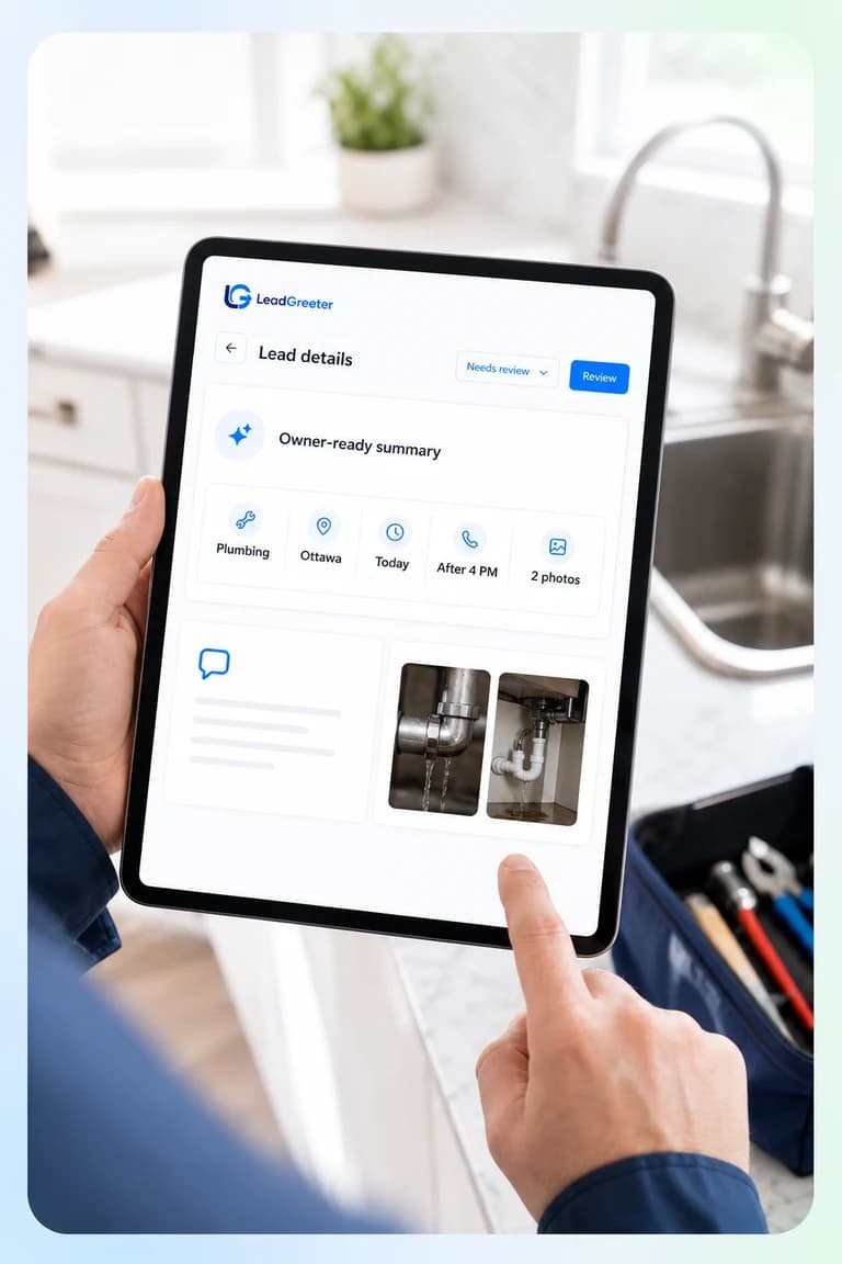 An owner-ready LeadGreeter summary combines job details, conversation context, and photos